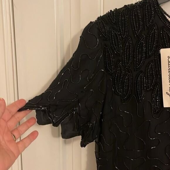 NWT Vtg. LAWRENCE KAZAR BLACK beaded handmade short sleeve SILK DRESS women’s L - Picture 3 of 16